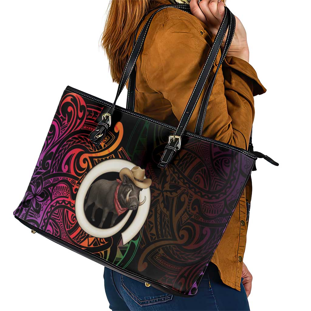 Vanuatu Boar Cowboy Leather Tote Bag Tusk Gradient Polynesian Pattern - Polynesian Pride