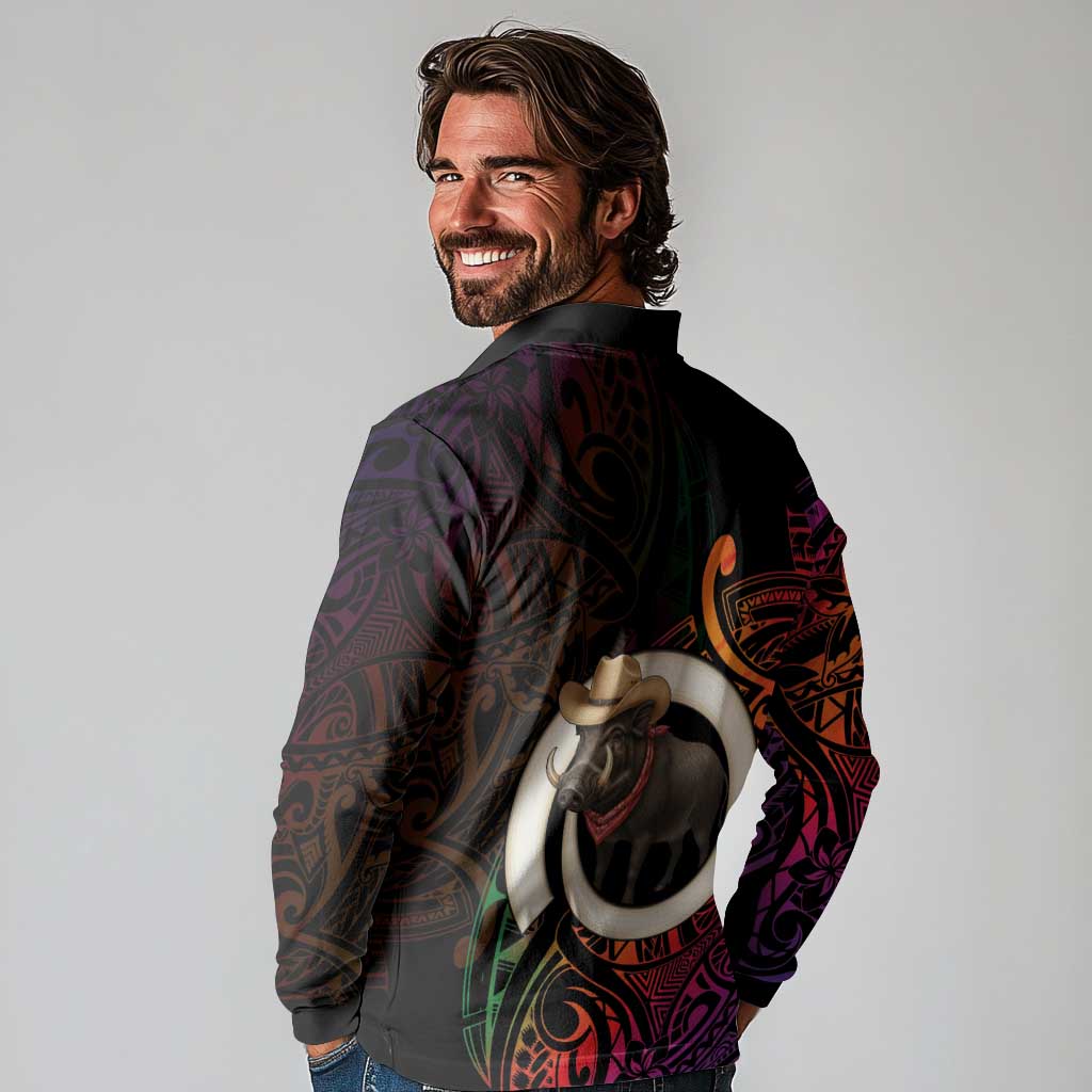 Vanuatu Boar Cowboy Long Sleeve Polo Shirt Tusk Gradient Polynesian Pattern - Polynesian Pride