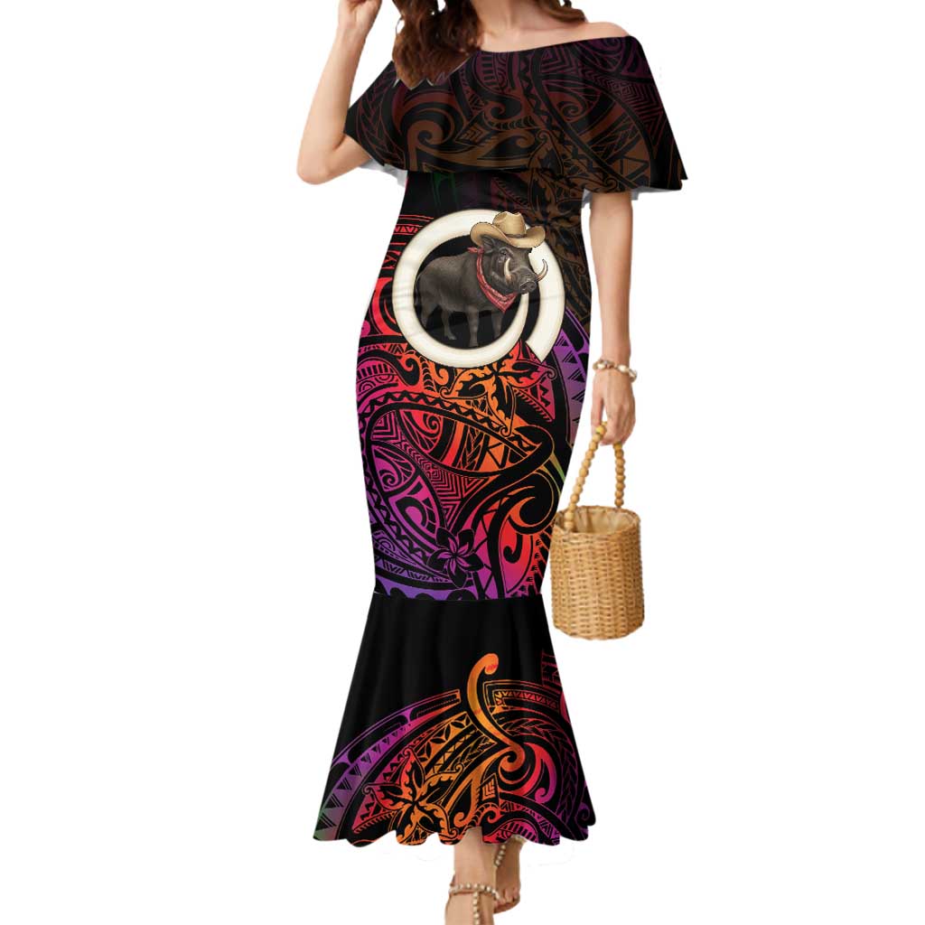 Vanuatu Boar Cowboy Mermaid Dress Tusk Gradient Polynesian Pattern - Polynesian Pride