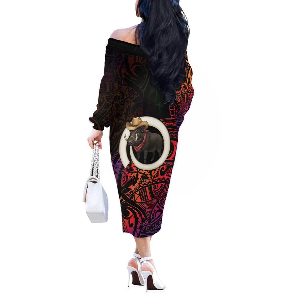 Vanuatu Boar Cowboy Off The Shoulder Long Sleeve Dress Tusk Gradient Polynesian Pattern - Polynesian Pride