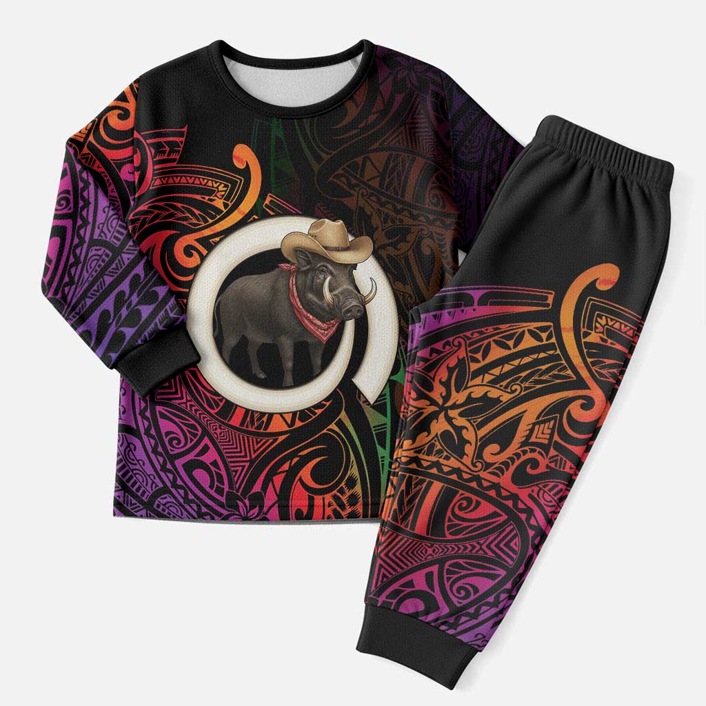 Vanuatu Boar Cowboy Christmas Pajama Set Tusk Gradient Polynesian Pattern - Polynesian Pride