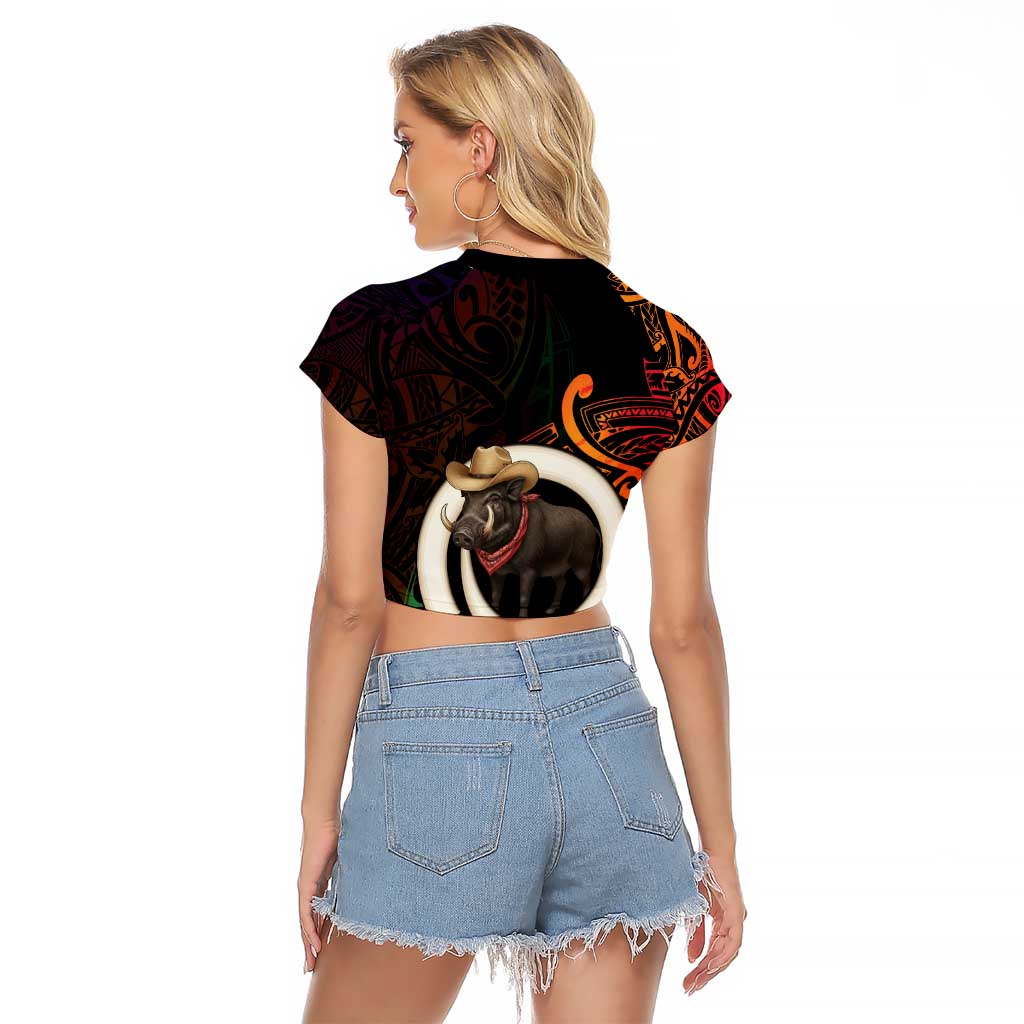 Vanuatu Boar Cowboy Raglan Cropped T Shirt Tusk Gradient Polynesian Pattern - Polynesian Pride