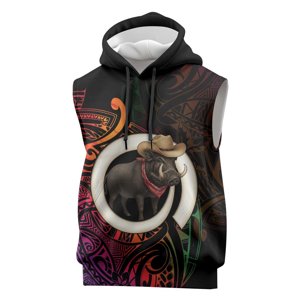 Vanuatu Boar Cowboy Sleeveless Hoodie Tusk Gradient Polynesian Pattern LT14 Black - Polynesian Pride