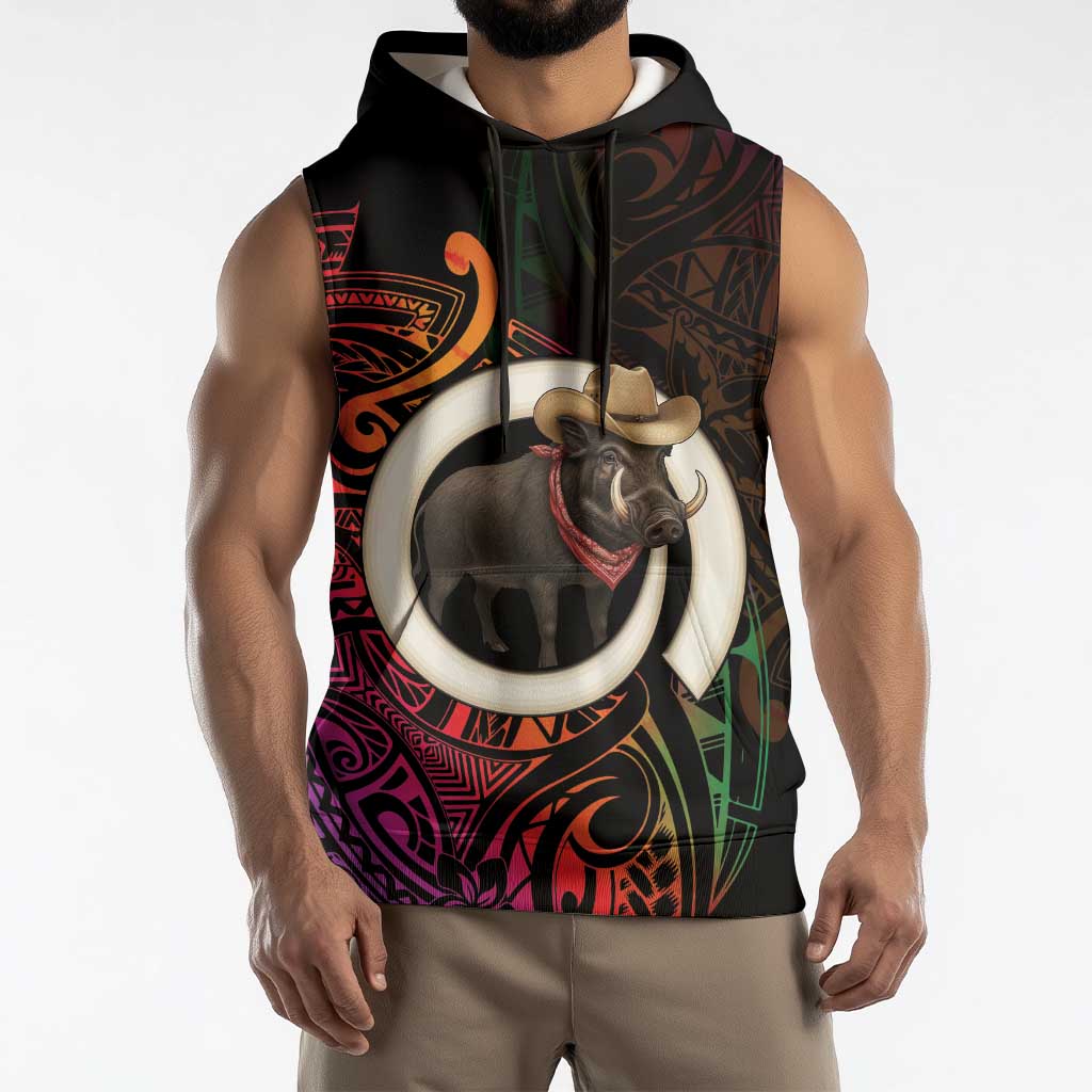 Vanuatu Boar Cowboy Sleeveless Hoodie Tusk Gradient Polynesian Pattern LT14 - Polynesian Pride