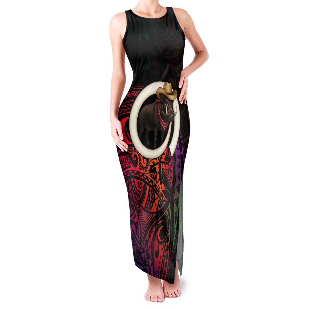 Vanuatu Boar Cowboy Tank Maxi Dress Tusk Gradient Polynesian Pattern - Polynesian Pride
