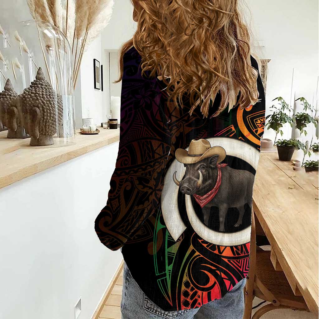 Vanuatu Boar Cowboy Women Casual Shirt Tusk Gradient Polynesian Pattern - Polynesian Pride