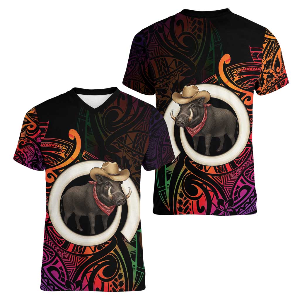 Vanuatu Boar Cowboy Women V-Neck T-Shirt Tusk Gradient Polynesian Pattern - Polynesian Pride
