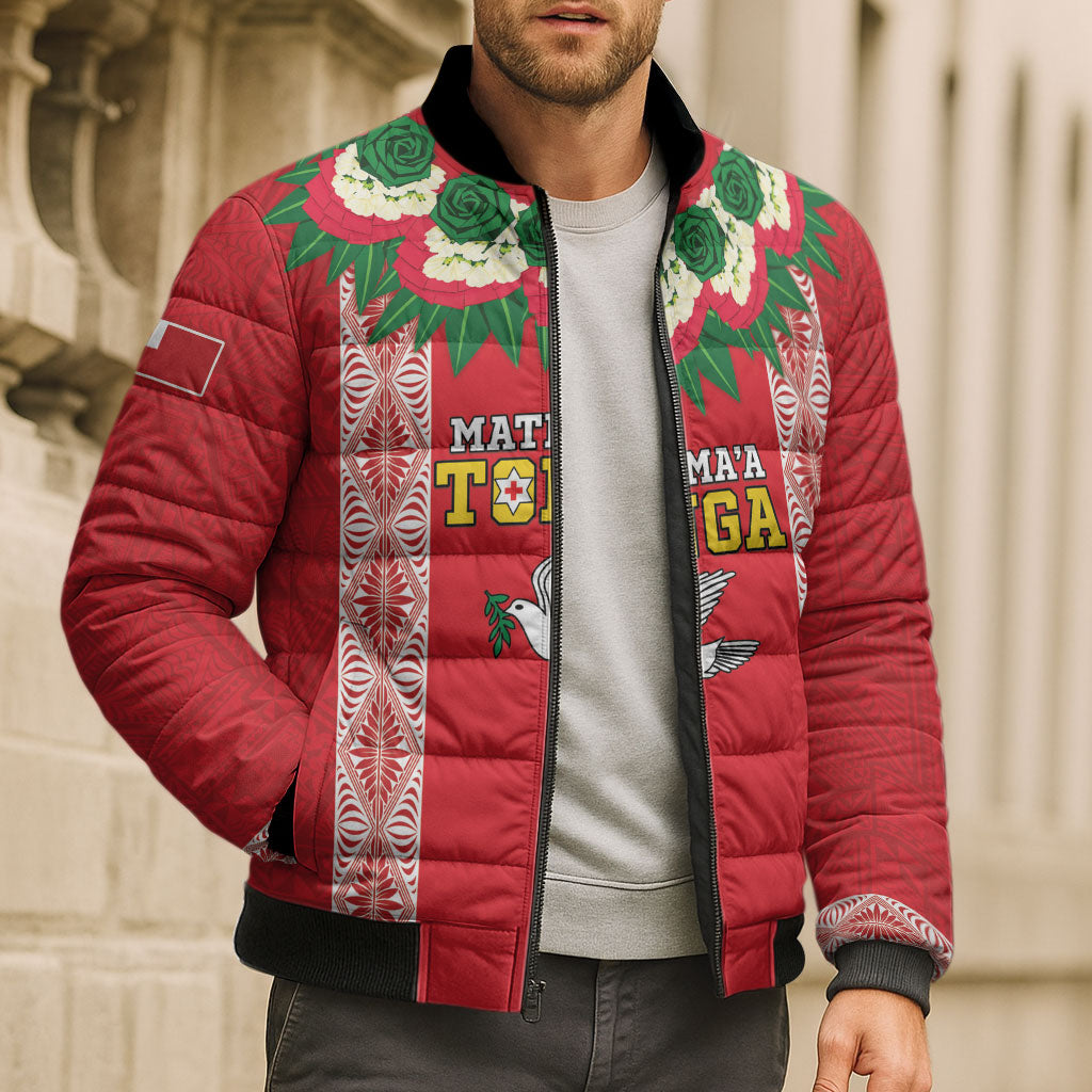 Mate Ma'a Tonga Rugby Custom Bomber Puffer Jacket Tongan Kahoa Lei Ngatu Pattern Red LT14 - Polynesian Pride