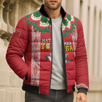 Mate Ma'a Tonga Rugby Custom Bomber Puffer Jacket Tongan Kahoa Lei Ngatu Pattern Red LT14 - Polynesian Pride