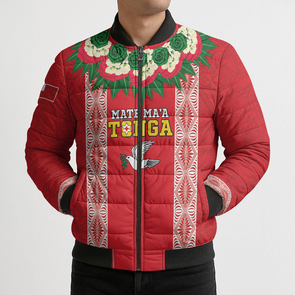 Mate Ma'a Tonga Rugby Custom Bomber Puffer Jacket Tongan Kahoa Lei Ngatu Pattern Red LT14 - Polynesian Pride