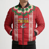 Mate Ma'a Tonga Rugby Custom Bomber Puffer Jacket Tongan Kahoa Lei Ngatu Pattern Red LT14 - Polynesian Pride