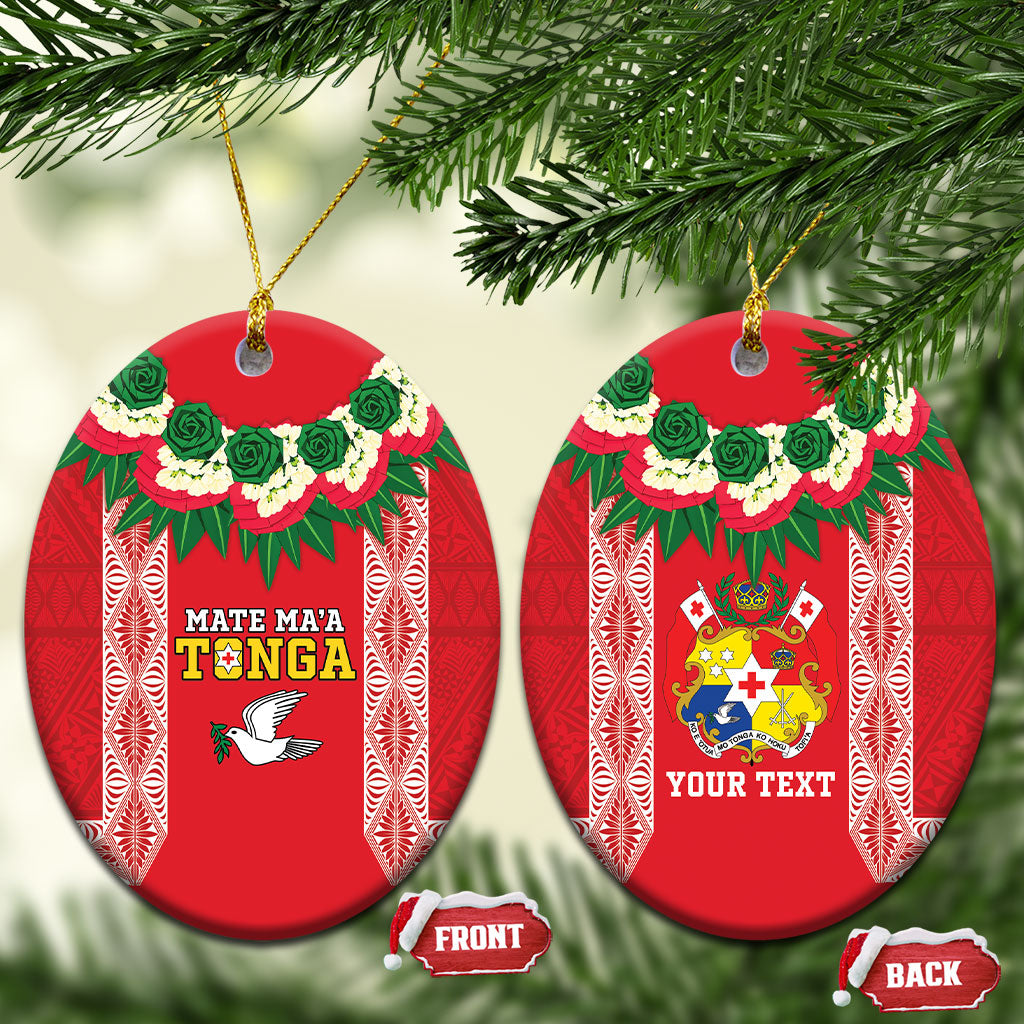 Mate Ma'a Tonga Rugby Personalised Ceramic Ornament Tongan Kahoa Lei Ngatu Pattern Red LT14 Oval Red - Polynesian Pride