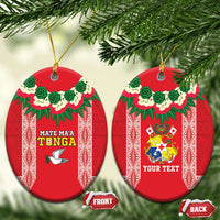 Mate Ma'a Tonga Rugby Personalised Ceramic Ornament Tongan Kahoa Lei Ngatu Pattern Red LT14 Oval Red - Polynesian Pride