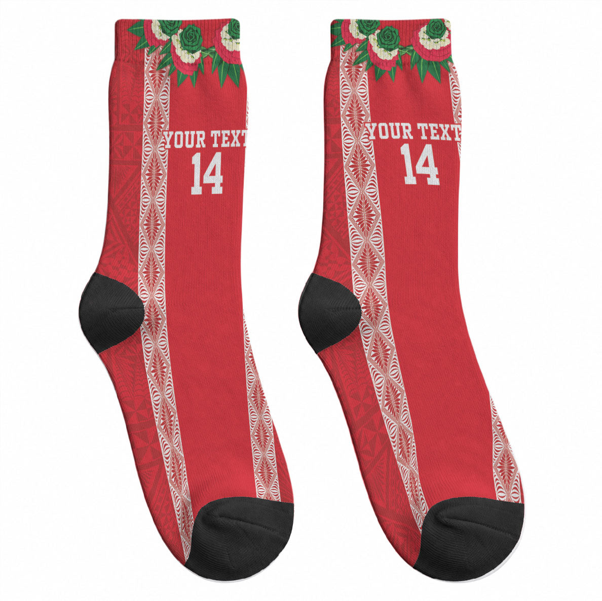 Mate Ma'a Tonga Rugby Custom Crew Socks Tongan Kahoa Lei Ngatu Pattern Red LT14 - Polynesian Pride