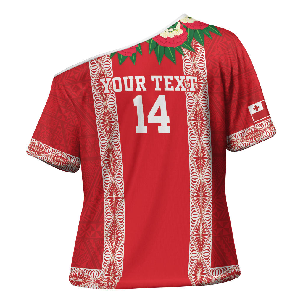 Mate Ma'a Tonga Rugby Custom Cross Shoulder Shirt Tongan Kahoa Lei Ngatu Pattern Red LT14 - Polynesian Pride