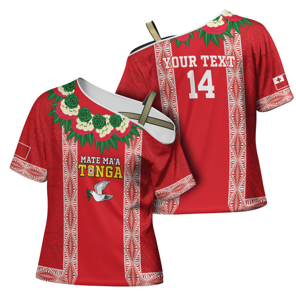 Mate Ma'a Tonga Rugby Custom Cross Shoulder Shirt Tongan Kahoa Lei Ngatu Pattern Red LT14 - Polynesian Pride