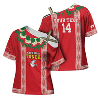 Mate Ma'a Tonga Rugby Custom Cross Shoulder Shirt Tongan Kahoa Lei Ngatu Pattern Red LT14 - Polynesian Pride