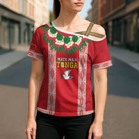 Mate Ma'a Tonga Rugby Custom Cross Shoulder Shirt Tongan Kahoa Lei Ngatu Pattern Red LT14 - Polynesian Pride