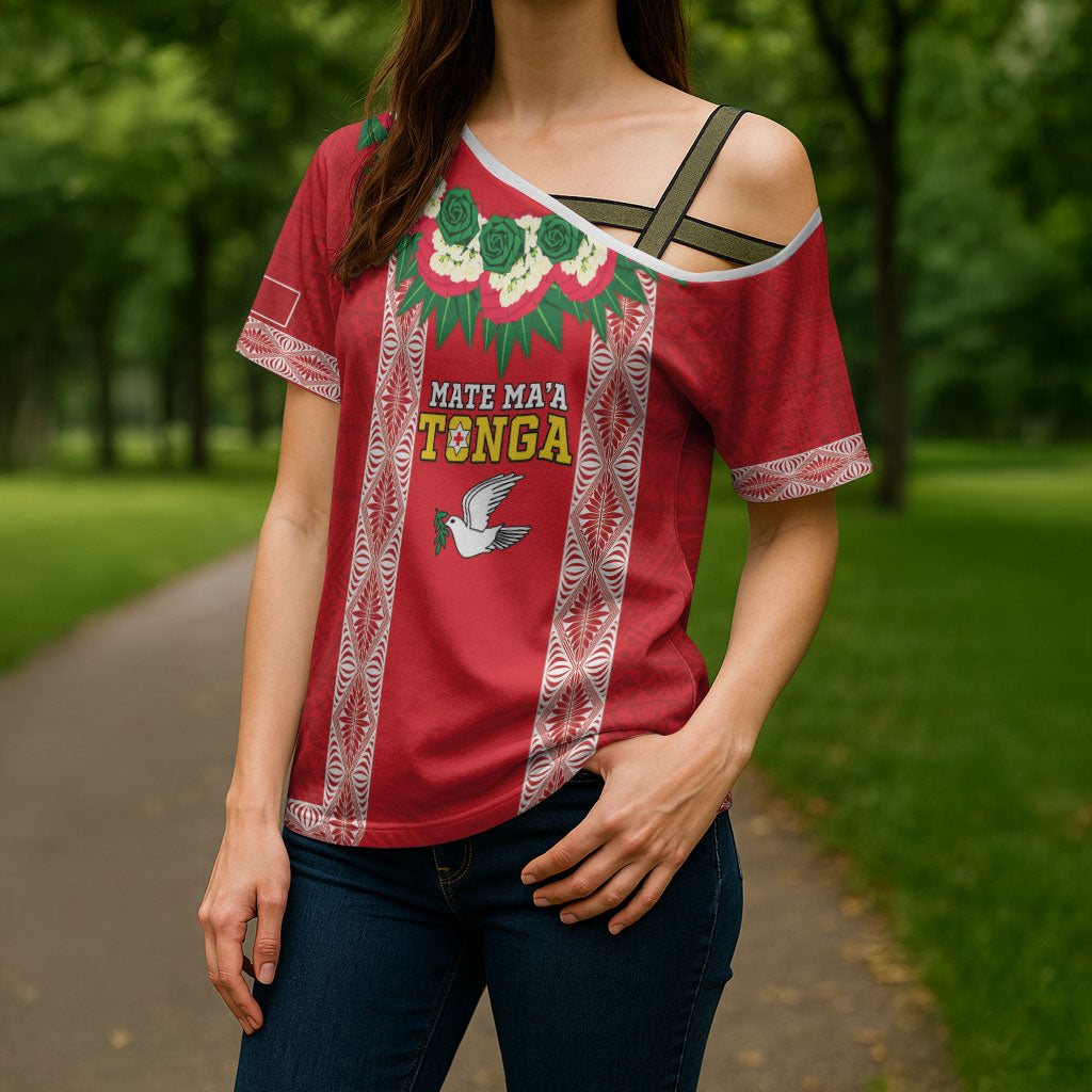 Mate Ma'a Tonga Rugby Custom Cross Shoulder Shirt Tongan Kahoa Lei Ngatu Pattern Red LT14 - Polynesian Pride