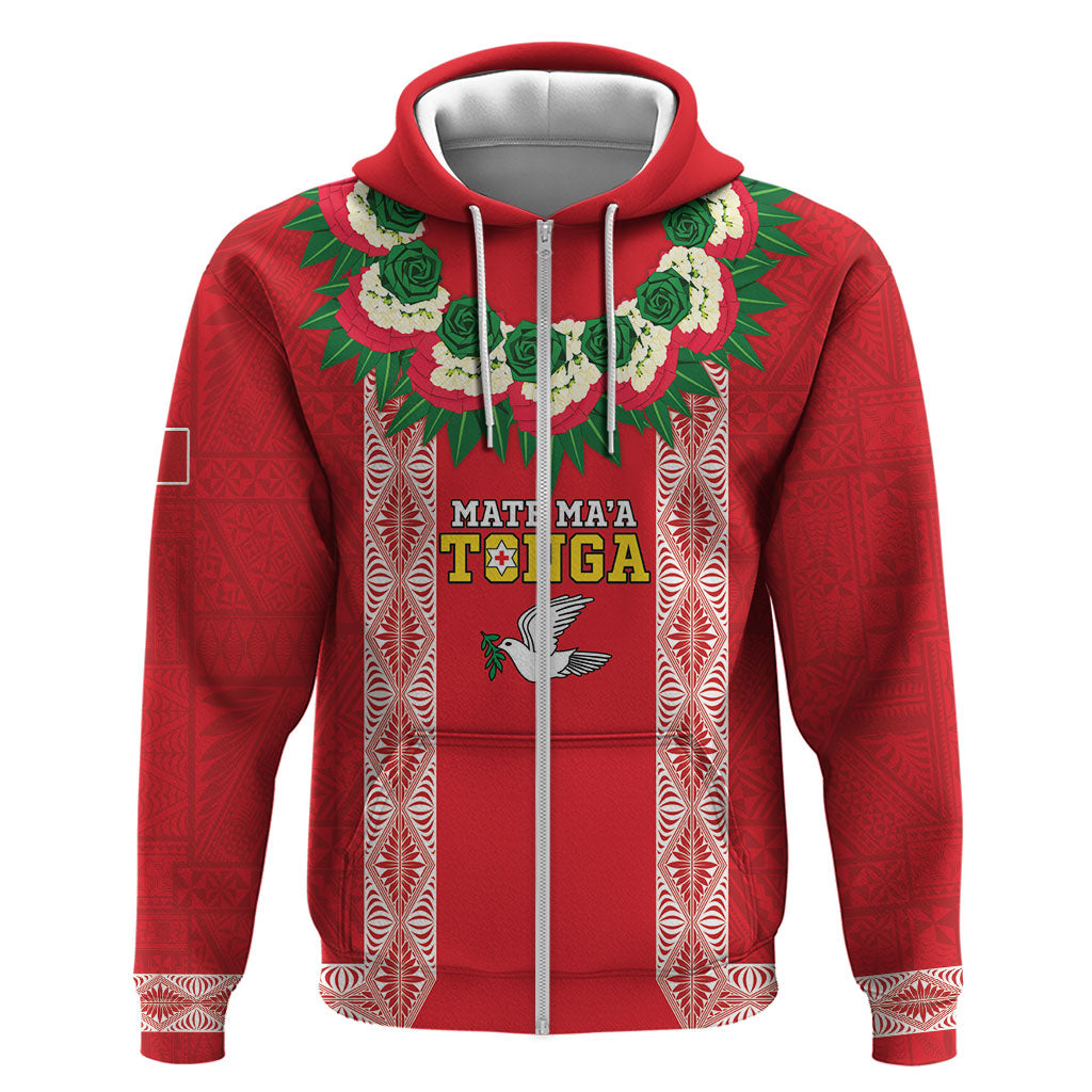 Mate Ma'a Tonga Rugby Custom Hoodie Tongan Kahoa Lei Ngatu Pattern Red LT14 Zip Hoodie Red - Polynesian Pride