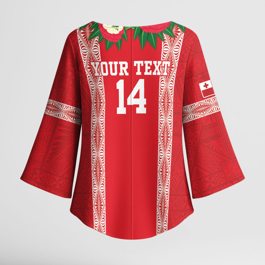 Mate Ma'a Tonga Rugby Custom Kimono Sleeve Blouse Tongan Kahoa Lei Ngatu Pattern Red LT14 - Polynesian Pride