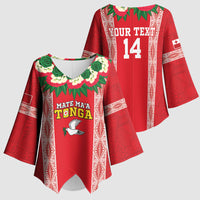Mate Ma'a Tonga Rugby Custom Kimono Sleeve Blouse Tongan Kahoa Lei Ngatu Pattern Red LT14 - Polynesian Pride