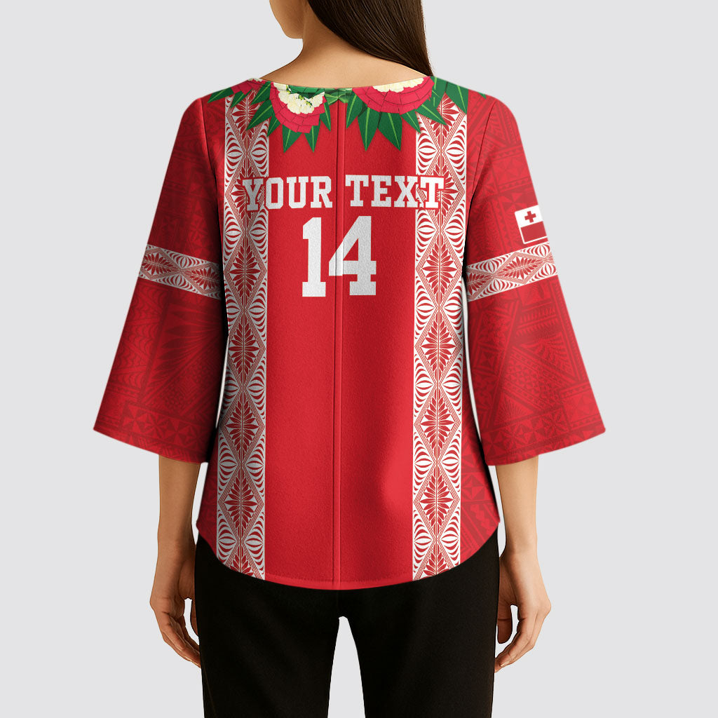 Mate Ma'a Tonga Rugby Custom Kimono Sleeve Blouse Tongan Kahoa Lei Ngatu Pattern Red LT14 - Polynesian Pride