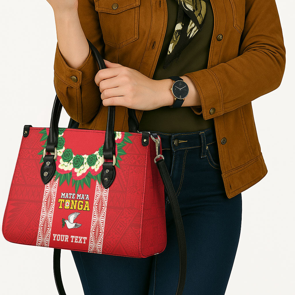 Mate Ma'a Tonga Rugby Custom Leather Bag Tongan Kahoa Lei Ngatu Pattern Red LT14 - Polynesian Pride