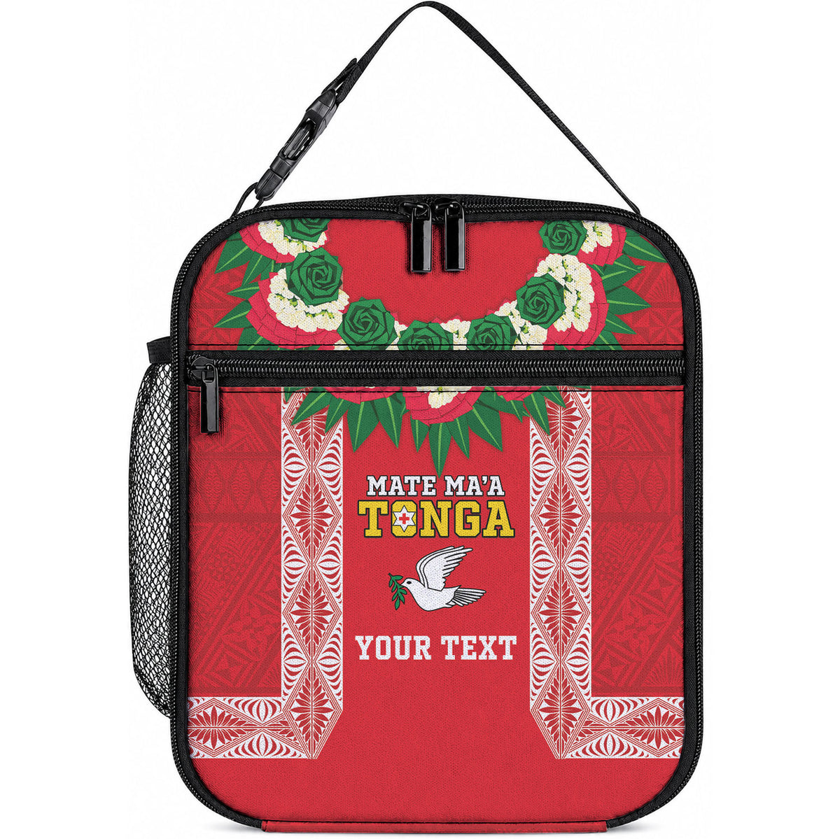 Mate Ma'a Tonga Rugby Custom Lunch Bag Tongan Kahoa Lei Ngatu Pattern Red LT14 10.2 × 8.3 × 4.3 inch Red - Polynesian Pride