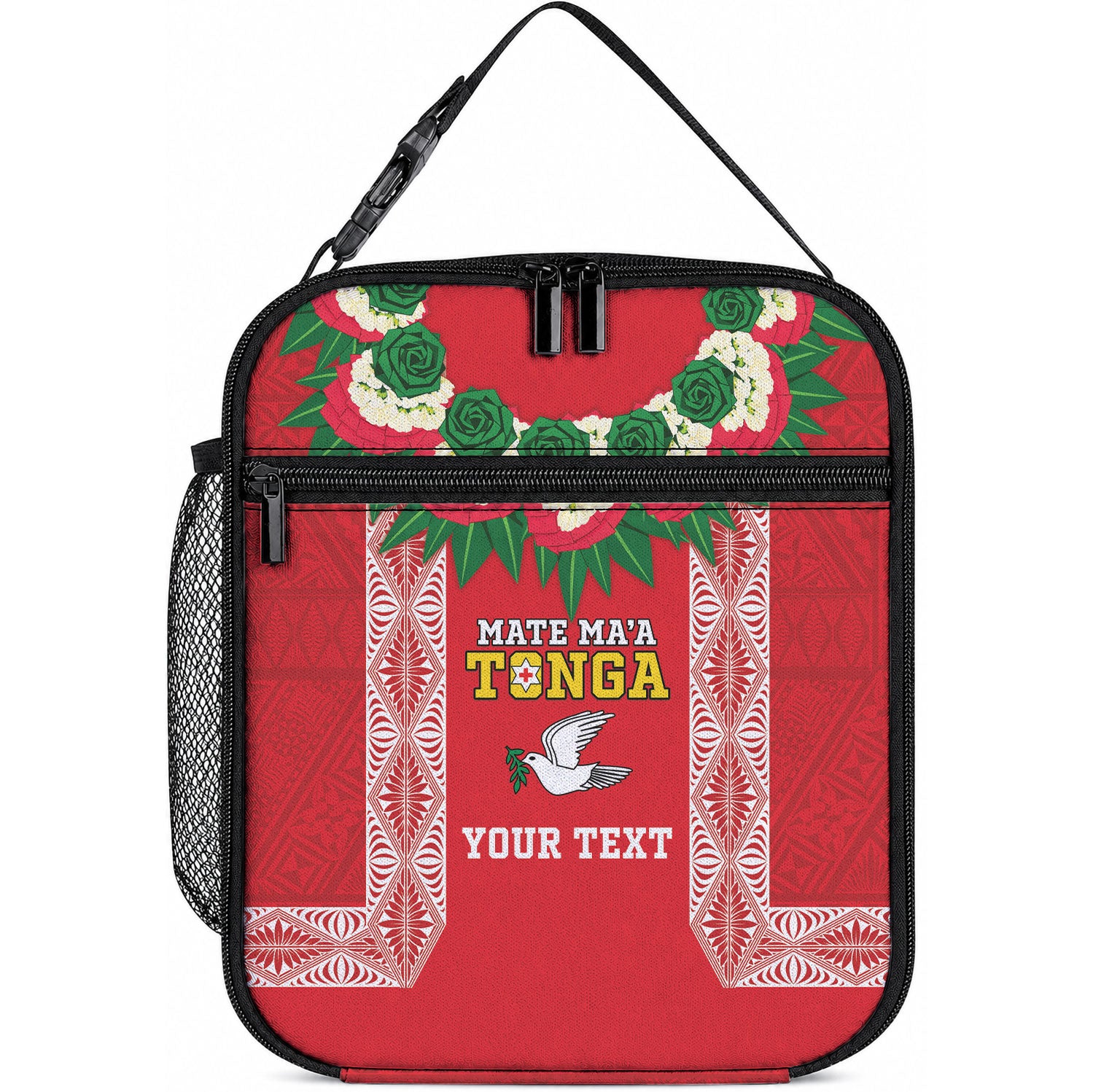 Mate Ma'a Tonga Rugby Custom Lunch Bag Tongan Kahoa Lei Ngatu Pattern Red LT14 10.2 × 8.3 × 4.3 inch Red - Polynesian Pride