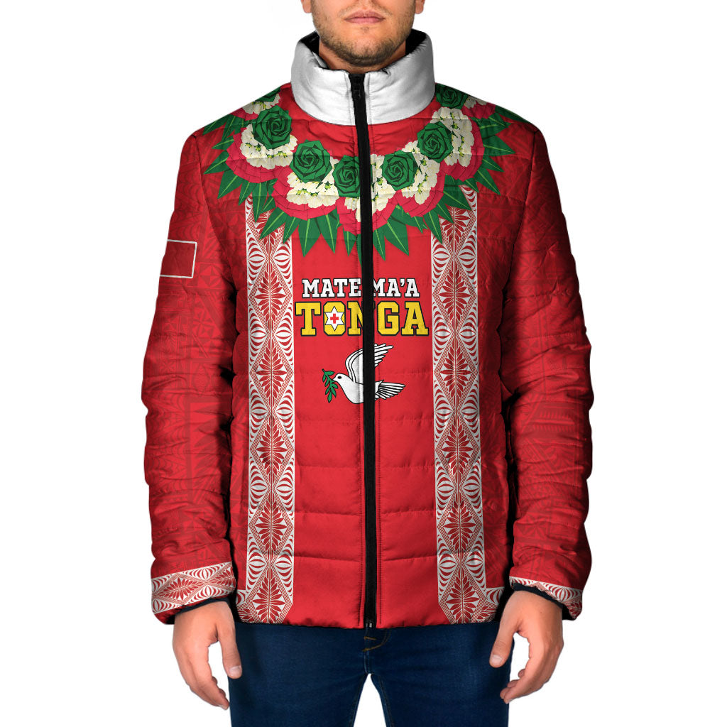 Mate Ma'a Tonga Rugby Custom Padded Jacket Tongan Kahoa Lei Ngatu Pattern Red LT14 Men Red - Polynesian Pride
