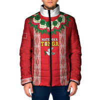Mate Ma'a Tonga Rugby Custom Padded Jacket Tongan Kahoa Lei Ngatu Pattern Red LT14 Men Red - Polynesian Pride
