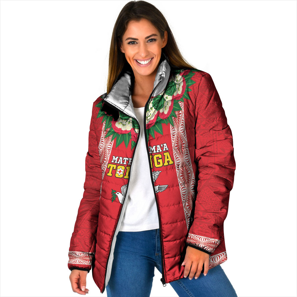 Mate Ma'a Tonga Rugby Custom Padded Jacket Tongan Kahoa Lei Ngatu Pattern Red LT14 Women Red - Polynesian Pride