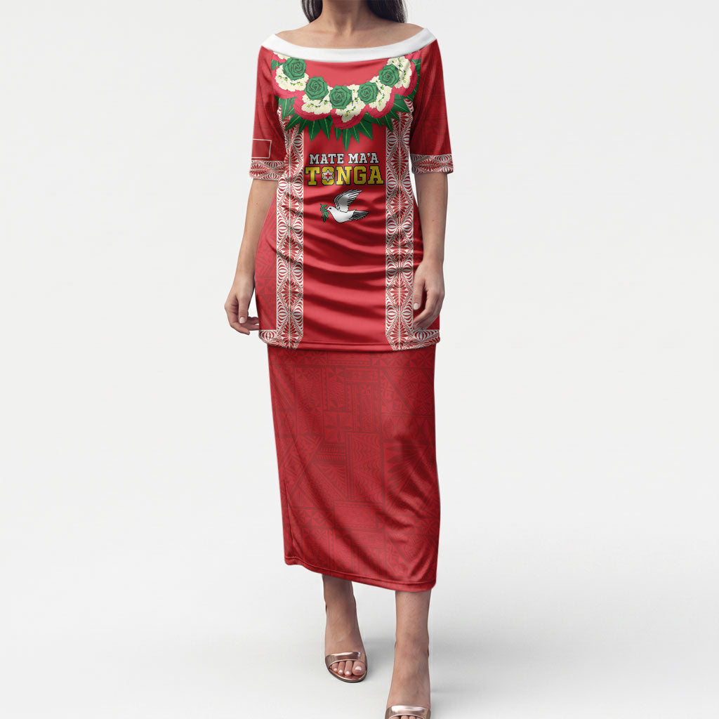 Mate Ma'a Tonga Rugby Custom Puletasi Tongan Kahoa Lei Ngatu Pattern Red LT14 Long Dress Red - Polynesian Pride