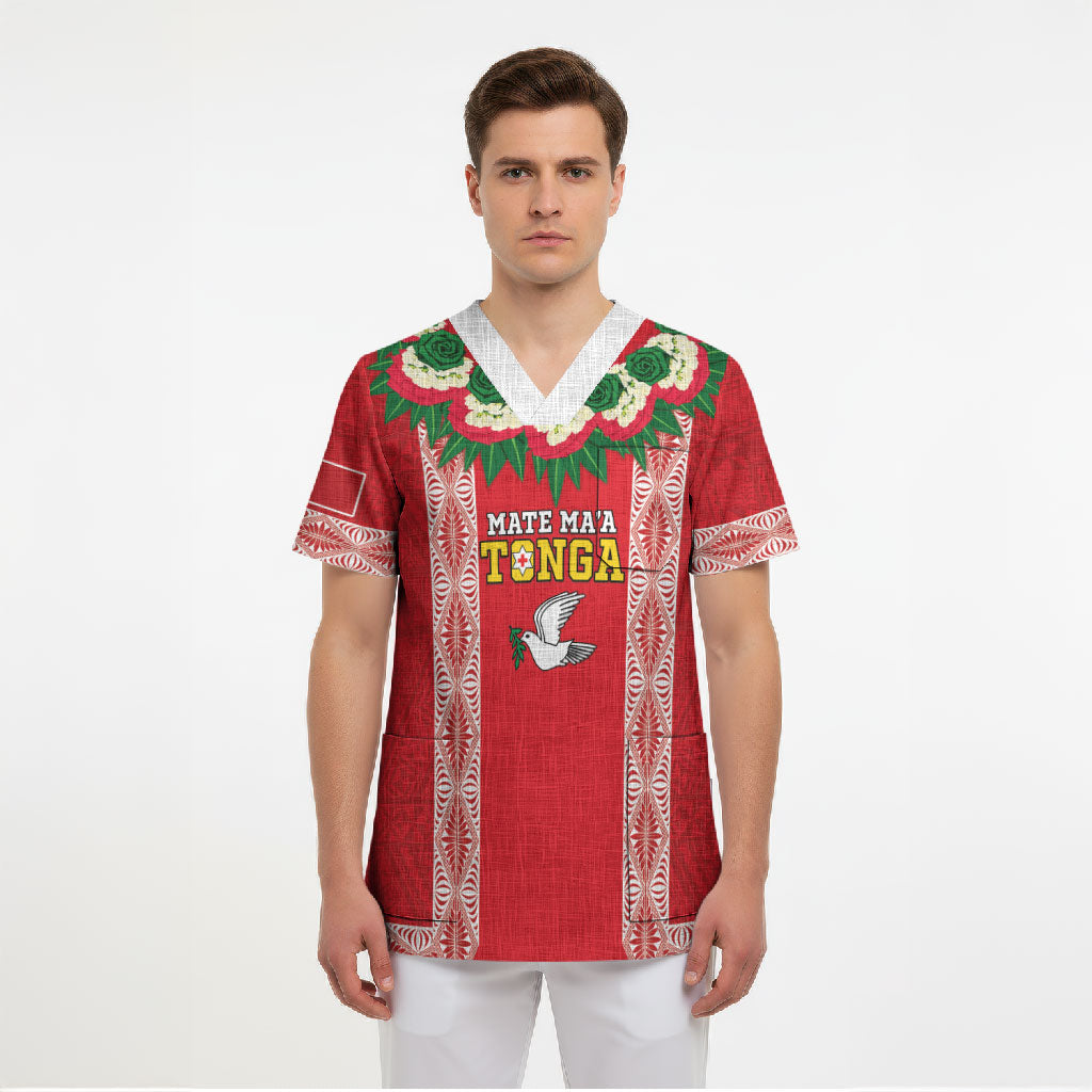 Mate Ma'a Tonga Rugby Custom Scrub Top Tongan Kahoa Lei Ngatu Pattern Red LT14 - Polynesian Pride