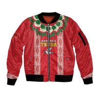 Mate Ma'a Tonga Rugby Custom Sleeve Zip Bomber Jacket Tongan Kahoa Lei Ngatu Pattern Red LT14 Unisex Red - Polynesian Pride