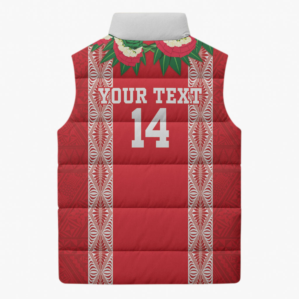 Mate Ma'a Tonga Rugby Custom Sleeveless Puffer Jacket Tongan Kahoa Lei Ngatu Pattern Red LT14 - Polynesian Pride