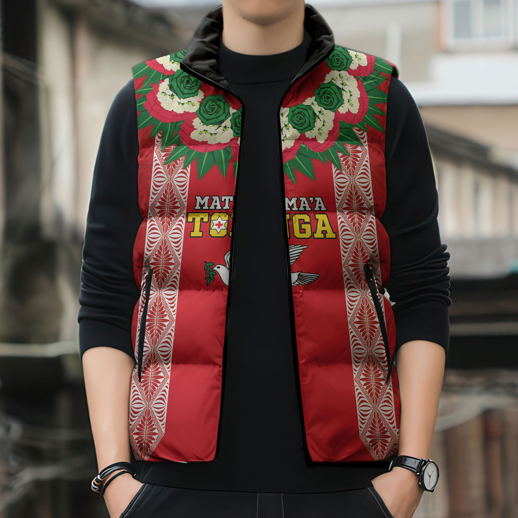 Mate Ma'a Tonga Rugby Custom Sleeveless Puffer Jacket Tongan Kahoa Lei Ngatu Pattern Red LT14 - Polynesian Pride