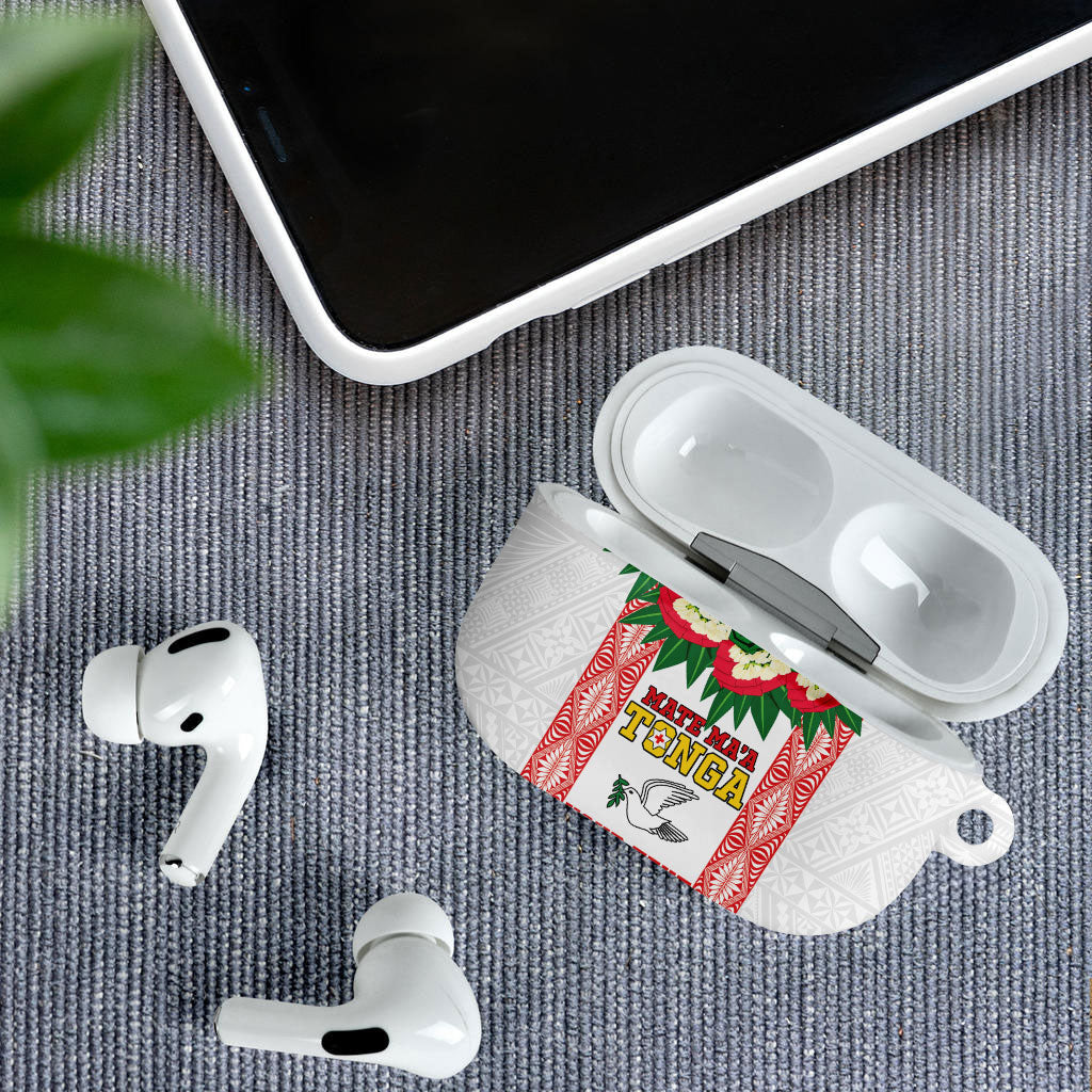 Mate Ma'a Tonga Rugby Custom AirPods Case Tongan Kahoa Lei Ngatu Pattern White LT14 - Polynesian Pride