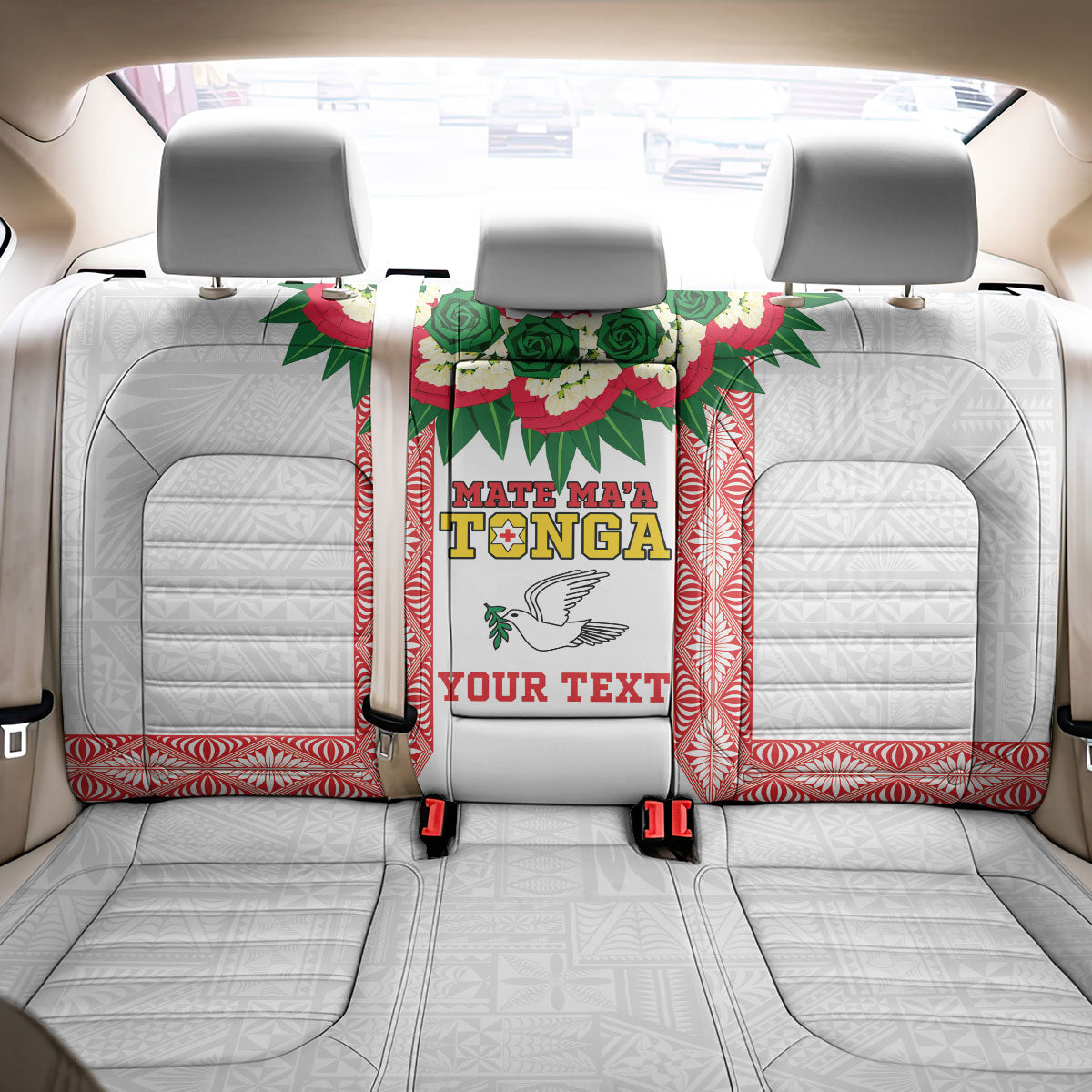 Mate Ma'a Tonga Rugby Custom Back Car Seat Cover Tongan Kahoa Lei Ngatu Pattern White LT14 - Polynesian Pride