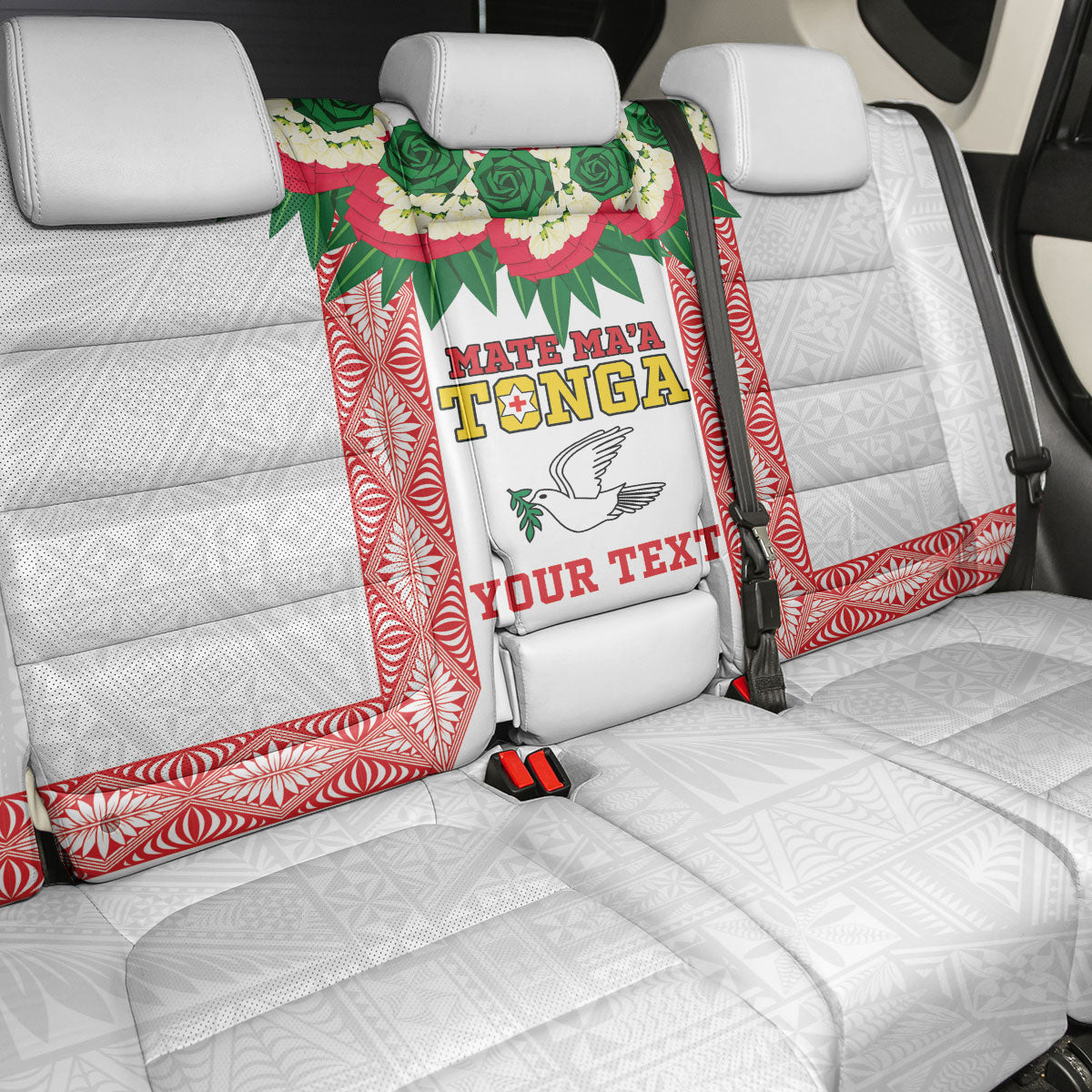 Mate Ma'a Tonga Rugby Custom Back Car Seat Cover Tongan Kahoa Lei Ngatu Pattern White LT14 - Polynesian Pride