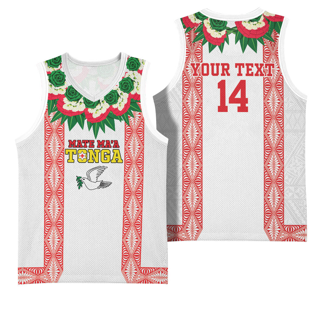 Mate Ma'a Tonga Rugby Custom Basketball Jersey Tongan Kahoa Lei Ngatu Pattern White LT14 - Polynesian Pride