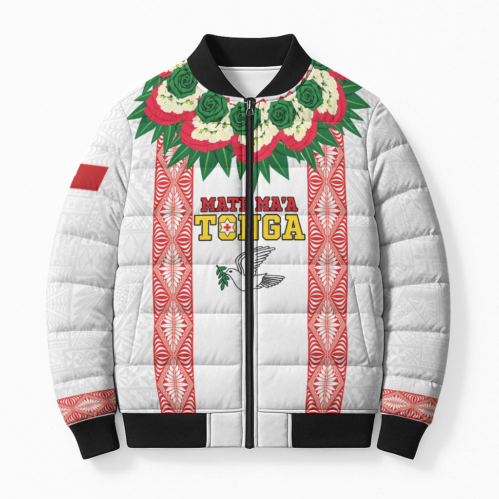 Mate Ma'a Tonga Rugby Custom Bomber Puffer Jacket Tongan Kahoa Lei Ngatu Pattern White LT14 Unisex White - Polynesian Pride