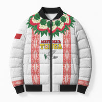 Mate Ma'a Tonga Rugby Custom Bomber Puffer Jacket Tongan Kahoa Lei Ngatu Pattern White LT14 Unisex White - Polynesian Pride