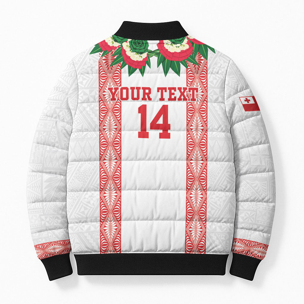 Mate Ma'a Tonga Rugby Custom Bomber Puffer Jacket Tongan Kahoa Lei Ngatu Pattern White LT14 - Polynesian Pride