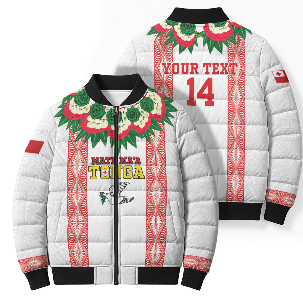 Mate Ma'a Tonga Rugby Custom Bomber Puffer Jacket Tongan Kahoa Lei Ngatu Pattern White LT14 - Polynesian Pride