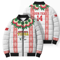 Mate Ma'a Tonga Rugby Custom Bomber Puffer Jacket Tongan Kahoa Lei Ngatu Pattern White LT14 - Polynesian Pride
