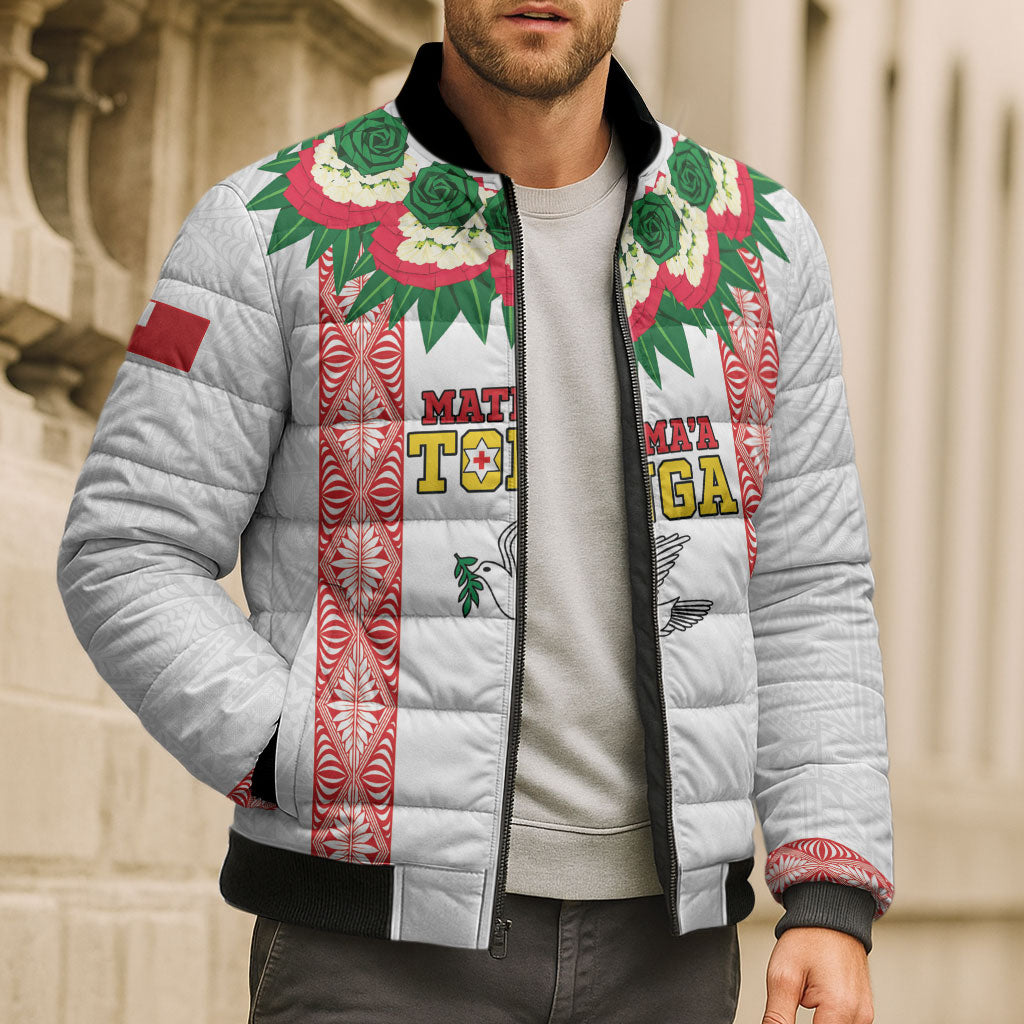 Mate Ma'a Tonga Rugby Custom Bomber Puffer Jacket Tongan Kahoa Lei Ngatu Pattern White LT14 - Polynesian Pride