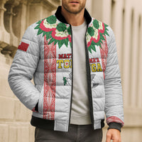 Mate Ma'a Tonga Rugby Custom Bomber Puffer Jacket Tongan Kahoa Lei Ngatu Pattern White LT14 - Polynesian Pride