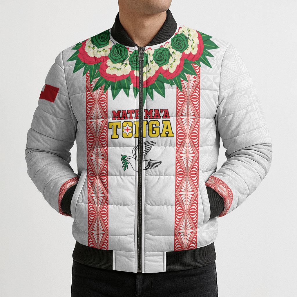 Mate Ma'a Tonga Rugby Custom Bomber Puffer Jacket Tongan Kahoa Lei Ngatu Pattern White LT14 - Polynesian Pride